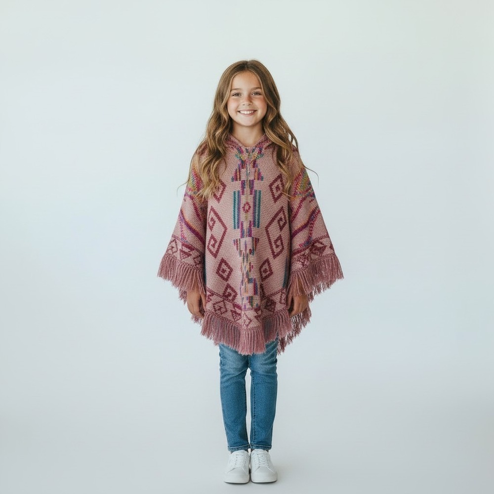Grupo Textil Matices Kids Pink Hooded Poncho Fringe Knit Artsy Boho Sweater M